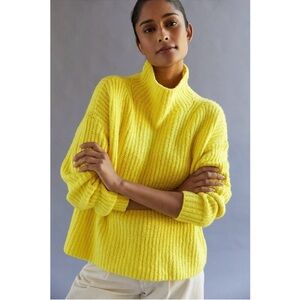 By Anthropologie Electric lemon yellow cotton funnel neck sweater, size small